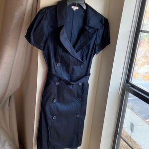 SOLD—Size 10 Navy Blue colar Taffeta buttoned down wrap dress with belt